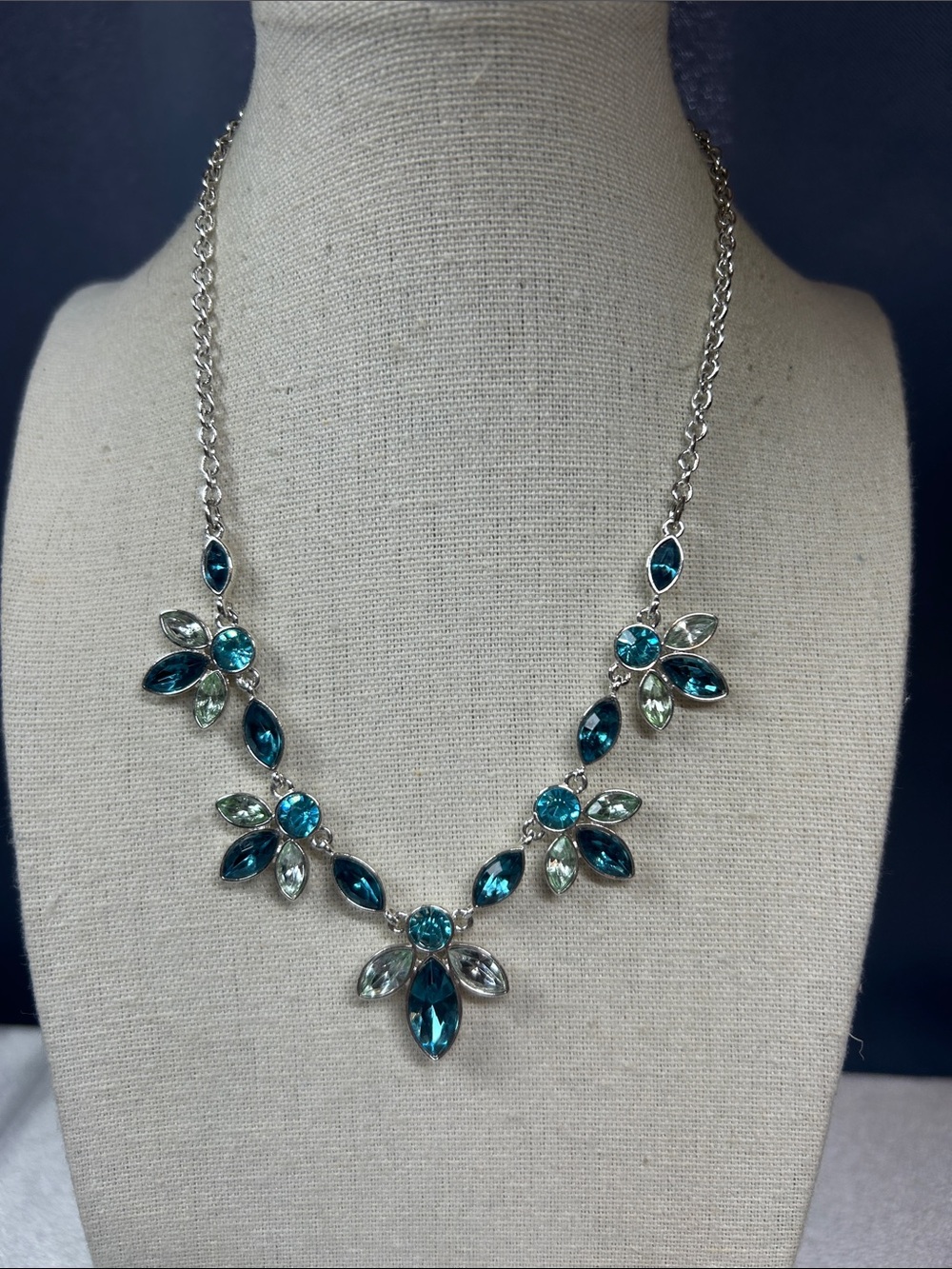 Napier silver tone and blue rhinestone necklace